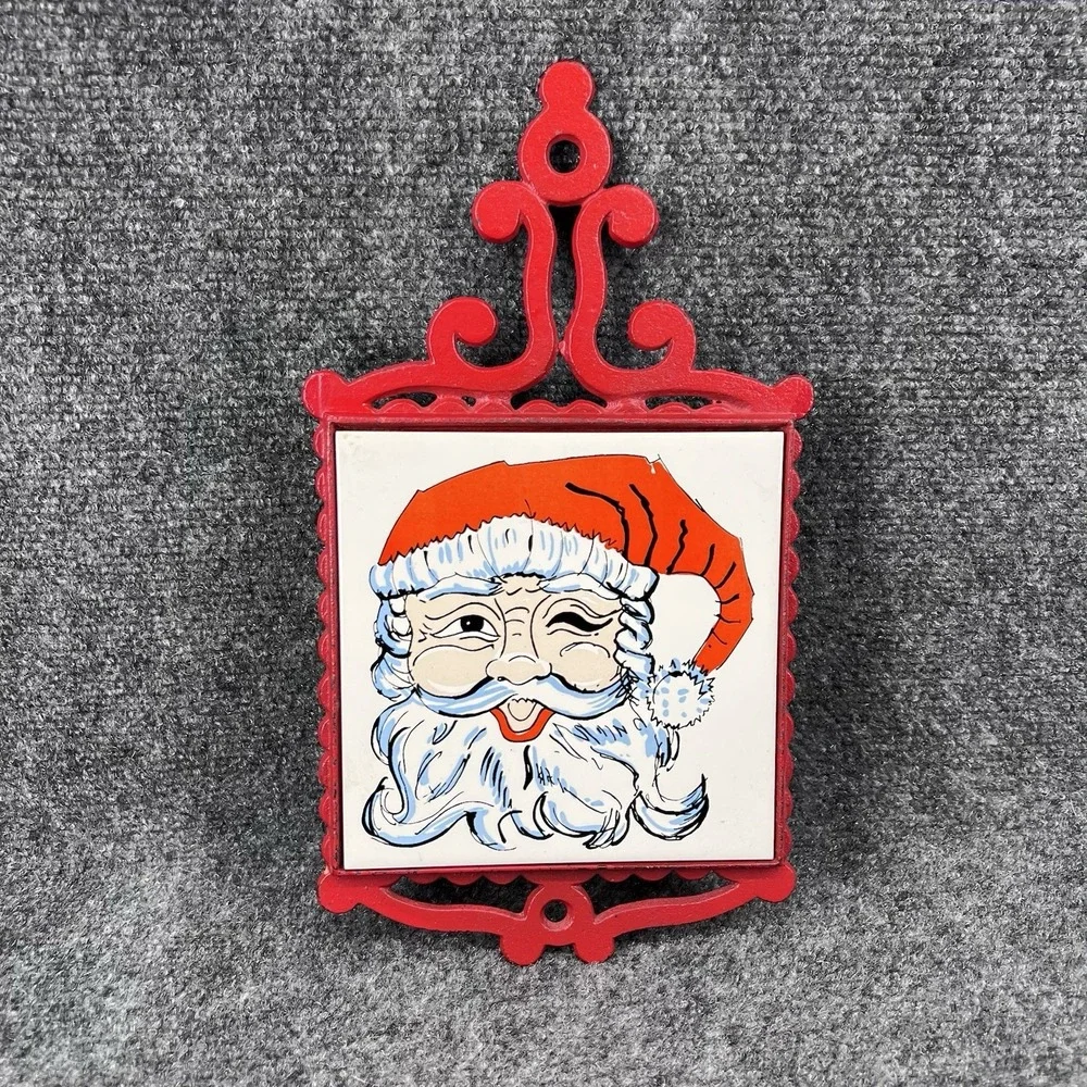 Red Enesco Cast Iron Trivet Santa Claus Winking Ceramic Tile Christmas Decor